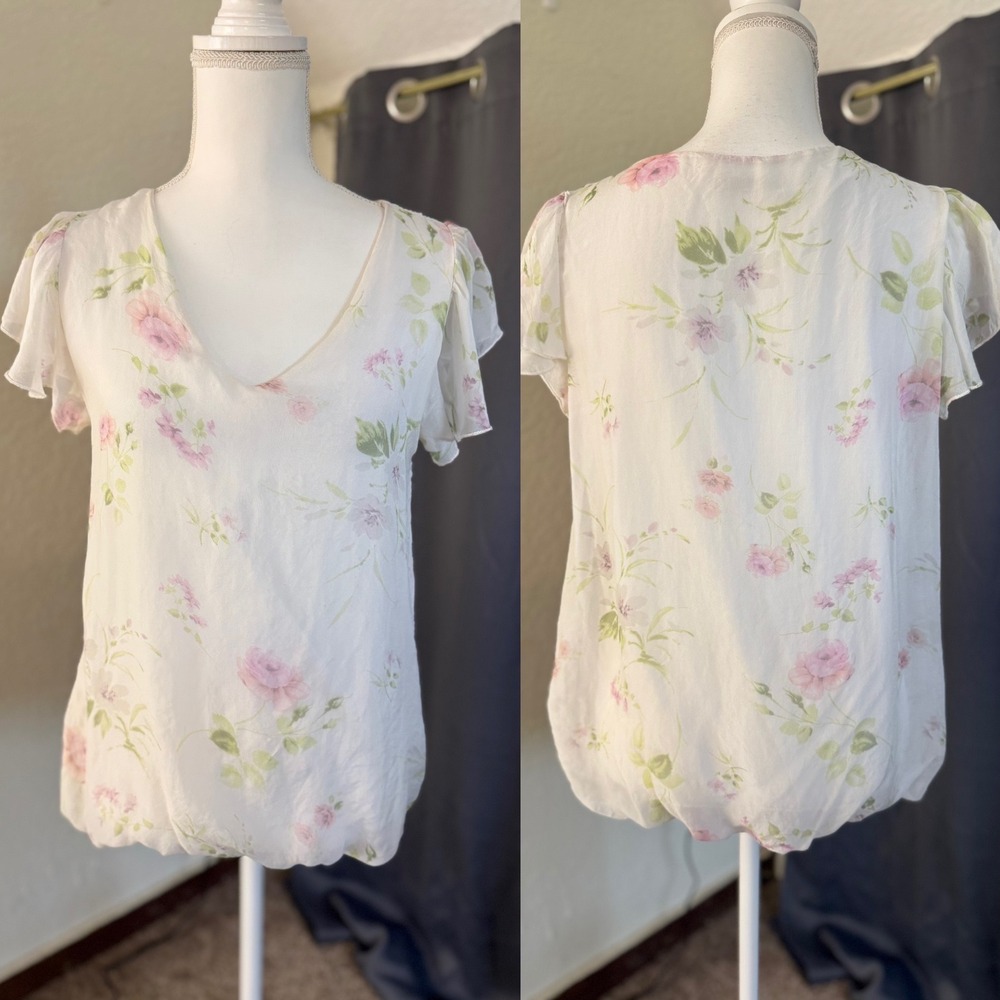 Giusy Silk Floral Blouse Large White Pink Flutter Sleeve Cottagecore Italy